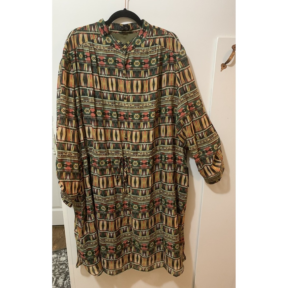 Tahari Arthur S. Levine Geometric Tribal Print Shirt Dress Loden Green 24W NWT